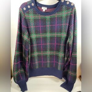 Plaid Navy Sweater with Green and Pink Accents and rhinestone buttons Size XL